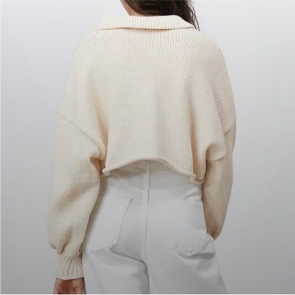 Zara light tan chunky knit cropped long sleeve polo sweater size SM - Picture 4 of 9